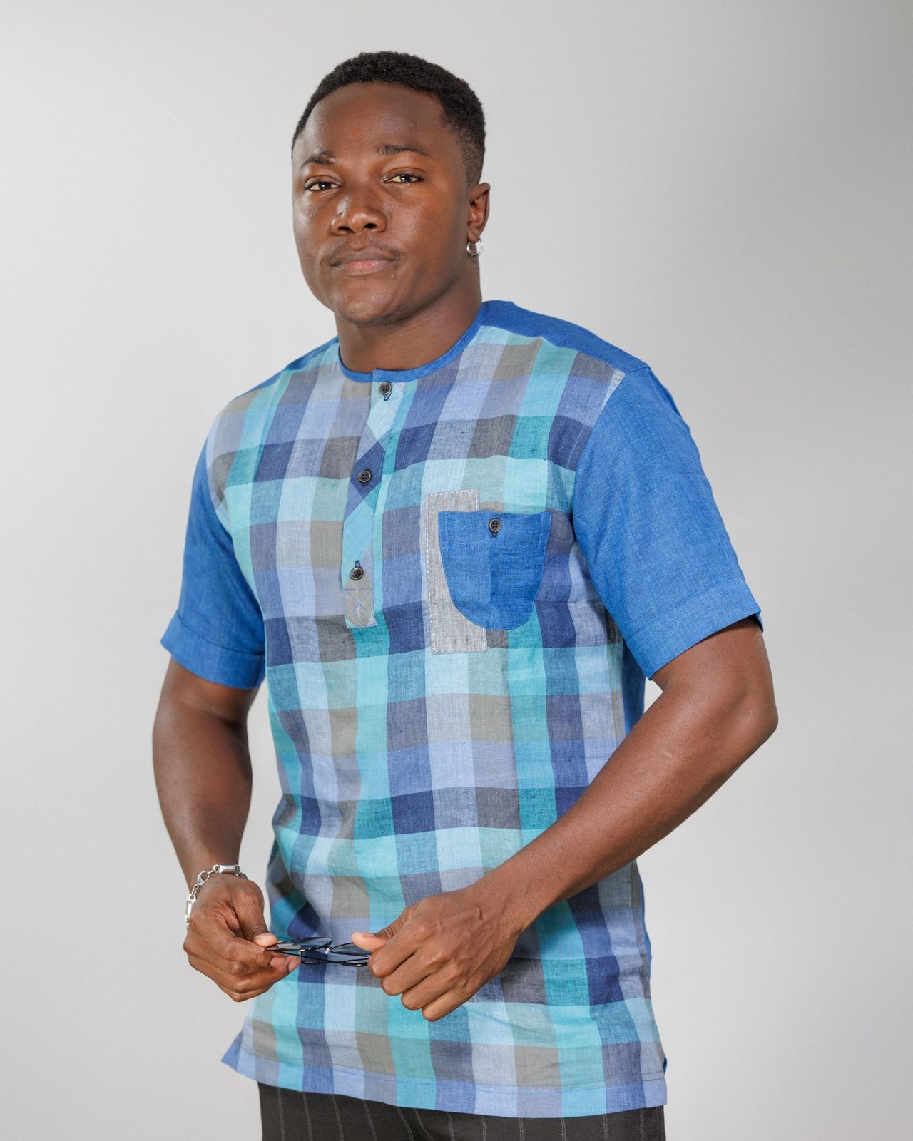 A short-sleeved checked shirt