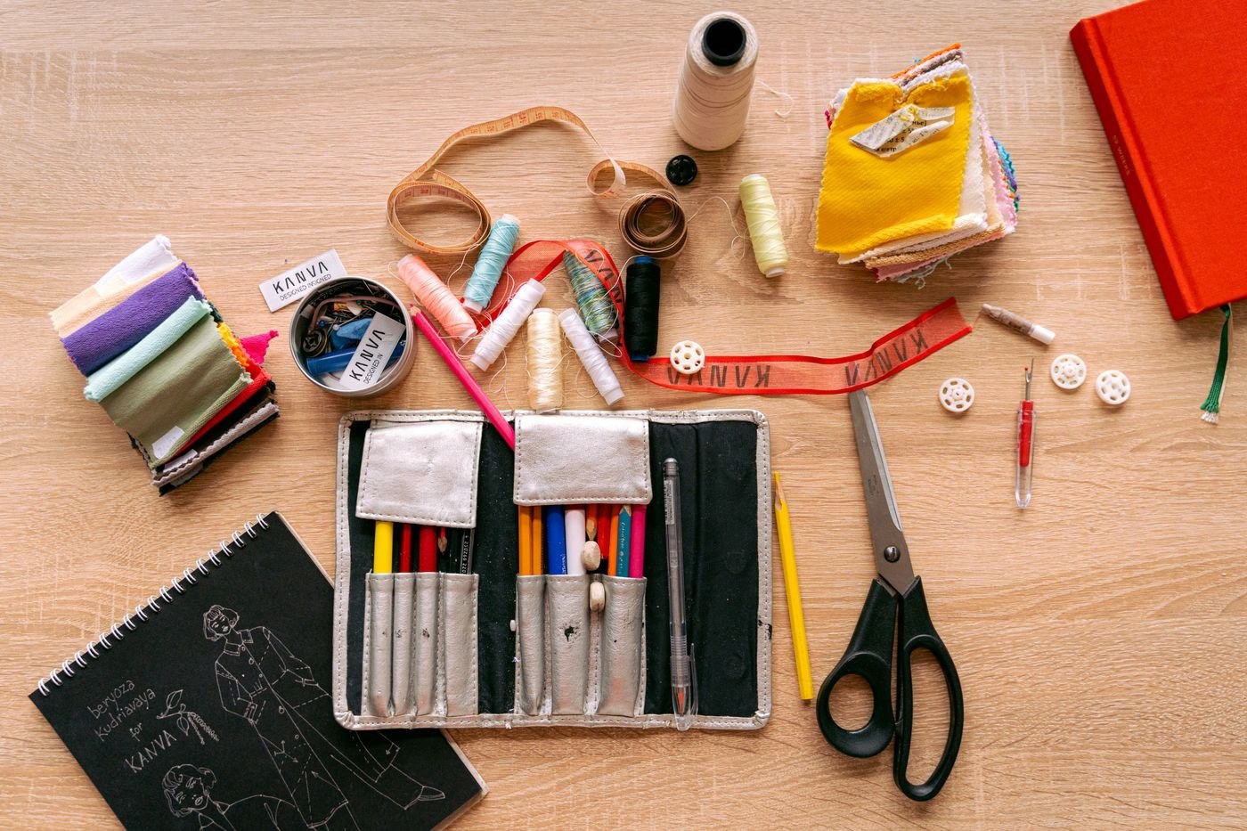Needles thread scissors and sewing tools