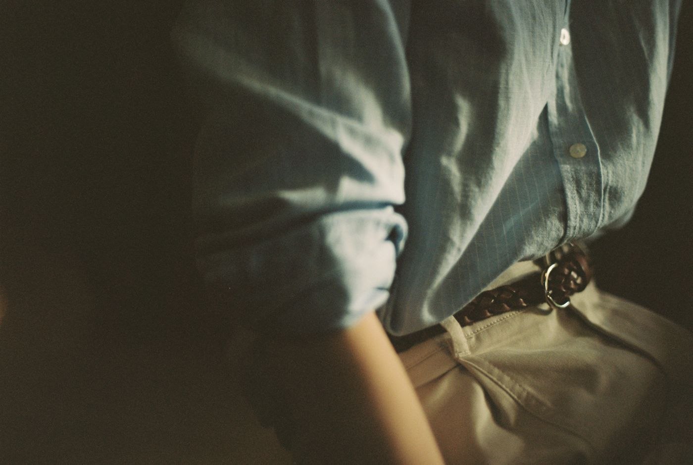 Trouser waistband and shirt at the waist
