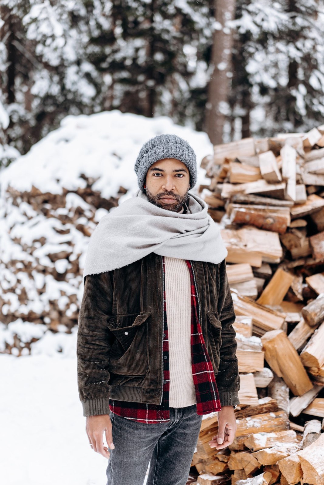 A scarf wrapped over a winter jacket
